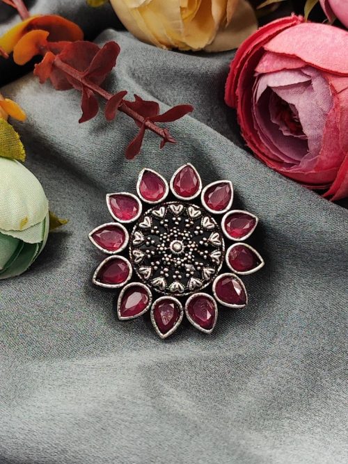 Silver Plated Flower Style Oxidised Stone Work Ring For Girls - Image 6