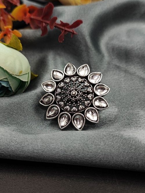 Silver Plated Flower Style Oxidised Stone Work Ring For Girls - Image 5