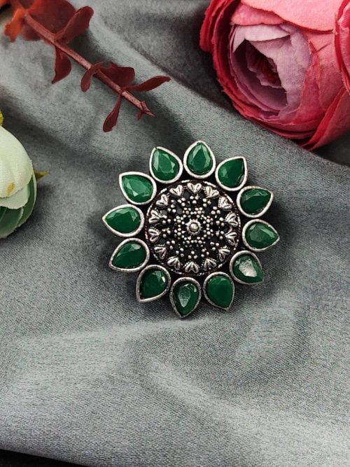 Silver Plated Flower Style Oxidised Stone Work Ring For Girls - Image 3