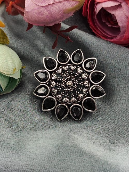 Silver Plated Flower Style Oxidised Stone Work Ring For Girls - Image 2