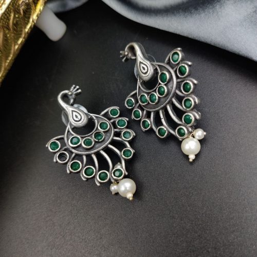 Silver Plated Oxidised Peacock Design Stone Stud with Pearl Work Earrings - Image 6