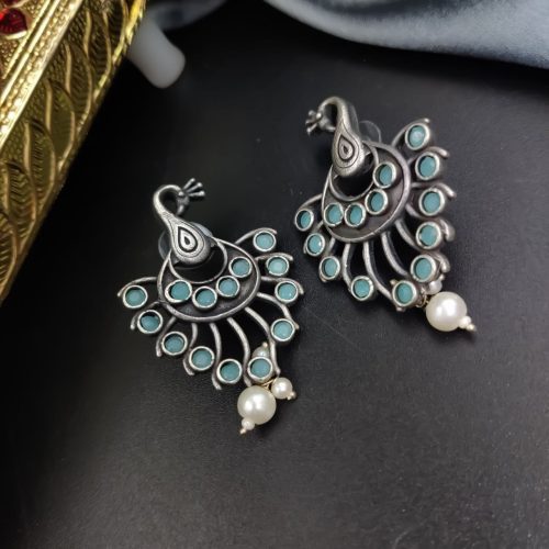 Silver Plated Oxidised Peacock Design Stone Stud with Pearl Work Earrings - Image 5