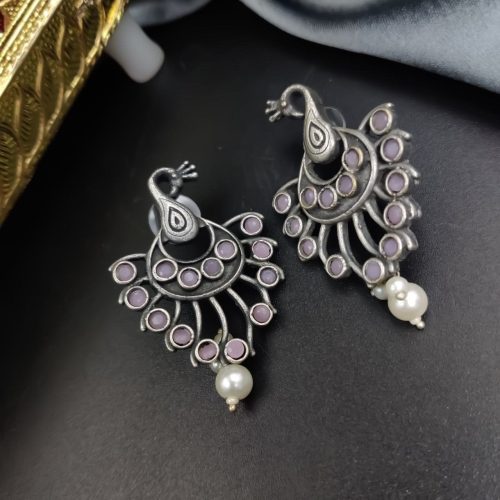 Silver Plated Oxidised Peacock Design Stone Stud with Pearl Work Earrings - Image 3