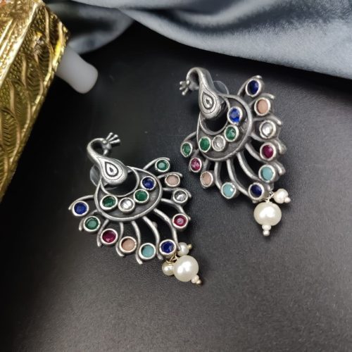 Silver Plated Oxidised Peacock Design Stone Stud with Pearl Work Earrings - Image 4