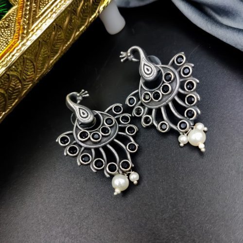 Silver Plated Oxidised Peacock Design Stone Stud with Pearl Work Earrings - Image 2