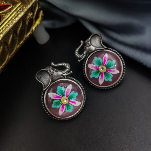 Hand Painted Designer Elephant Silver Look Like Replica Monalisa Stone Stud Earrings - Image 2