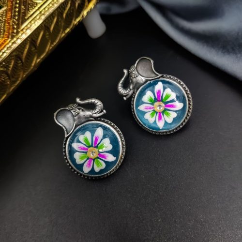 Hand Painted Designer Elephant Silver Look Like Replica Monalisa Stone Stud Earrings - Image 4