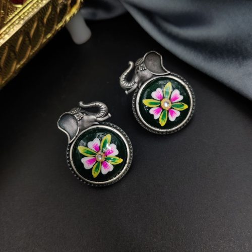 Hand Painted Designer Elephant Silver Look Like Replica Monalisa Stone Stud Earrings - Image 6