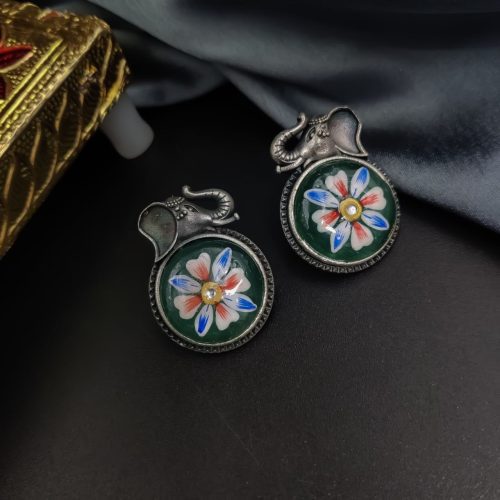 Hand Painted Designer Elephant Silver Look Like Replica Monalisa Stone Stud Earrings - Image 7