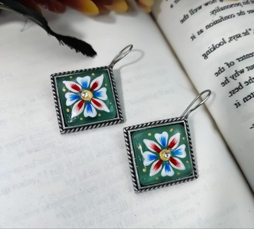 Hand Painted Designer Square Shape Silver Look Like Replica Monalisa Stone Hook Earrings - Image 2