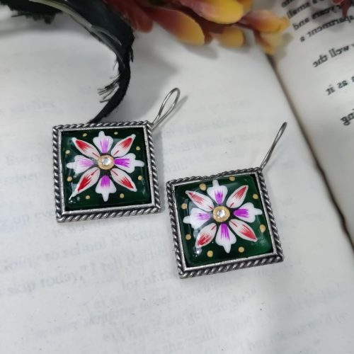 Hand Painted Designer Square Shape Silver Look Like Replica Monalisa Stone Hook Earrings - Image 3