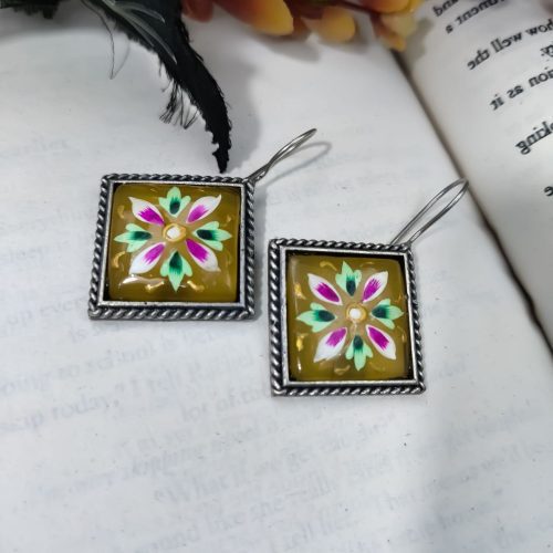 Hand Painted Designer Square Shape Silver Look Like Replica Monalisa Stone Hook Earrings - Image 4