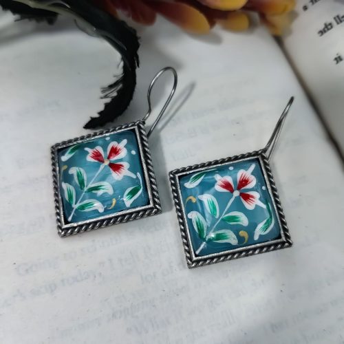 Hand Painted Designer Square Shape Silver Look Like Replica Monalisa Stone Hook Earrings - Image 5