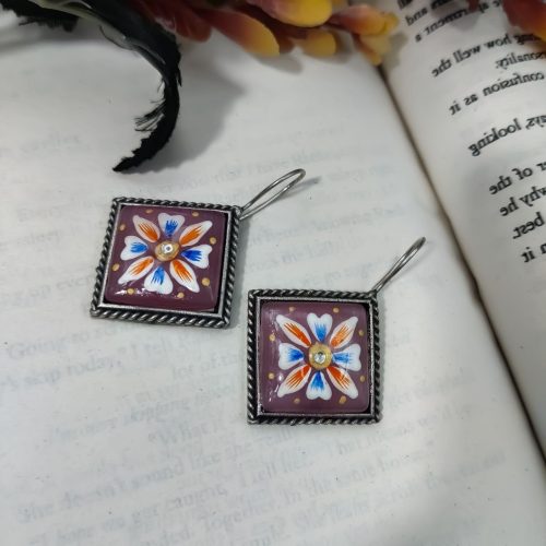 Hand Painted Designer Square Shape Silver Look Like Replica Monalisa Stone Hook Earrings - Image 6