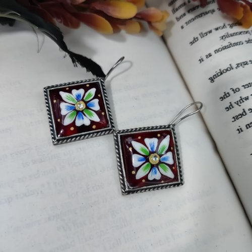 Hand Painted Designer Square Shape Silver Look Like Replica Monalisa Stone Hook Earrings - Image 7
