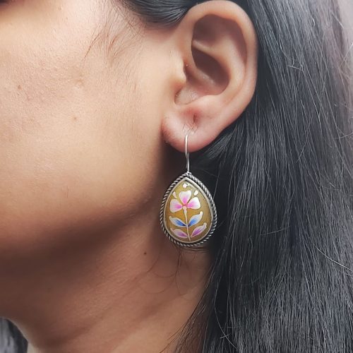 Hand Painted Designer Drop Shape Silver Look Like Replica Monalisa Stone Hook Earrings