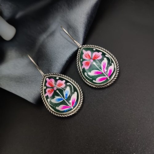 Hand Painted Designer Drop Shape Silver Look Like Replica Monalisa Stone Hook Earrings - Image 7