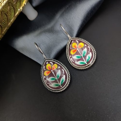 Hand Painted Designer Drop Shape Silver Look Like Replica Monalisa Stone Hook Earrings - Image 6