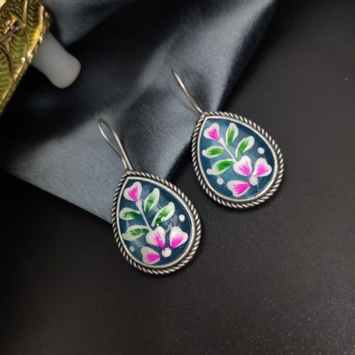 Hand Painted Designer Drop Shape Silver Look Like Replica Monalisa Stone Hook Earrings - Image 2