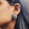 Silver Look Like Designer Lotus Art Stud Earrings For Girls