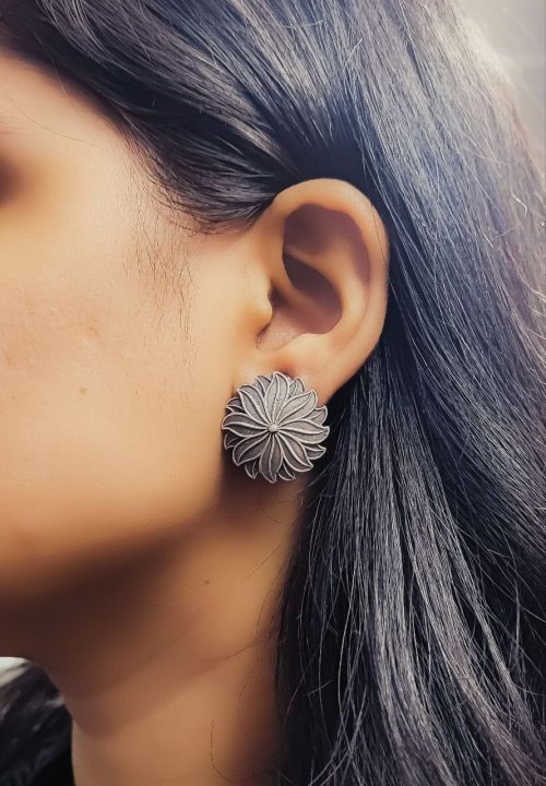 Silver Look Like Designer Lotus Art Stud Earrings For Girls