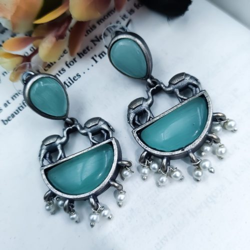 Designer Camel Style Silver Look Like Replica Monalisa Stone Stud Earrings - Image 2