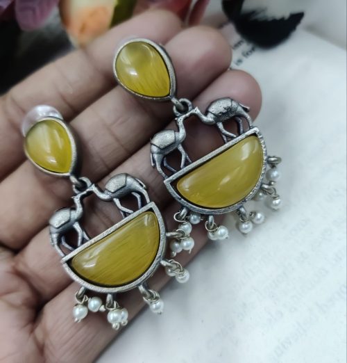 Designer Camel Style Silver Look Like Replica Monalisa Stone Stud Earrings - Image 7
