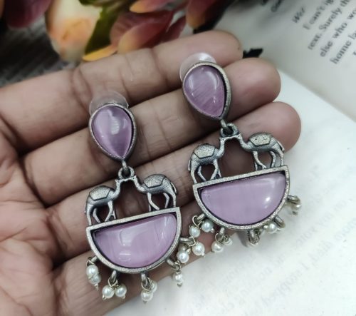 Designer Camel Style Silver Look Like Replica Monalisa Stone Stud Earrings - Image 9