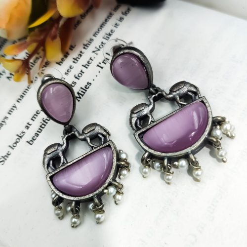 Designer Camel Style Silver Look Like Replica Monalisa Stone Stud Earrings - Image 10