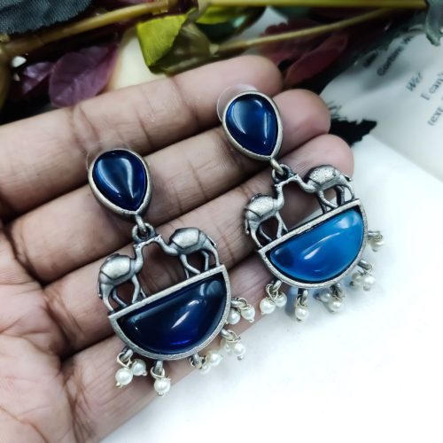 Designer Camel Style Silver Look Like Replica Monalisa Stone Stud Earrings - Image 12