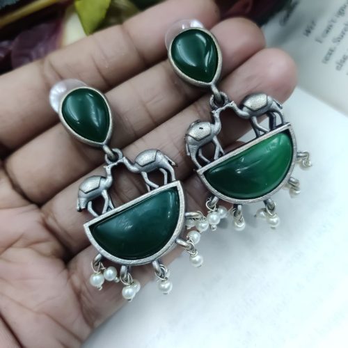 Designer Camel Style Silver Look Like Replica Monalisa Stone Stud Earrings - Image 5
