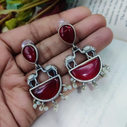 Designer Camel Style Silver Look Like Replica Monalisa Stone Stud Earrings - Image 13