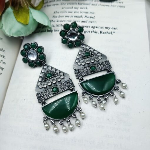 High Quality Designer Silver Look Like Replica Monalisa Stone Stud Dangler Earrings - Image 2