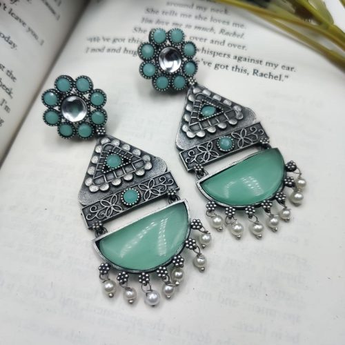High Quality Designer Silver Look Like Replica Monalisa Stone Stud Dangler Earrings