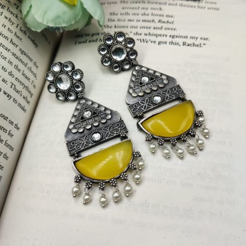 High Quality Designer Silver Look Like Replica Monalisa Stone Stud Dangler Earrings - Image 3