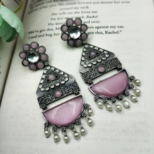 High Quality Designer Silver Look Like Replica Monalisa Stone Stud Dangler Earrings - Image 5