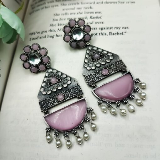 High Quality Designer Silver Look Like Replica Monalisa Stone Stud Dangler Earrings - Image 5