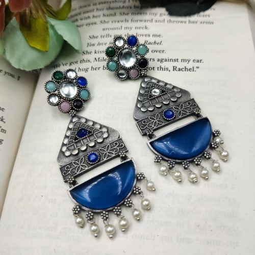 High Quality Designer Silver Look Like Replica Monalisa Stone Stud Dangler Earrings - Image 7