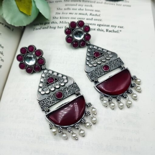 High Quality Designer Silver Look Like Replica Monalisa Stone Stud Dangler Earrings - Image 6