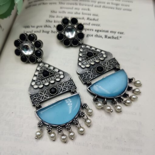 High Quality Designer Silver Look Like Replica Monalisa Stone Stud Dangler Earrings - Image 8