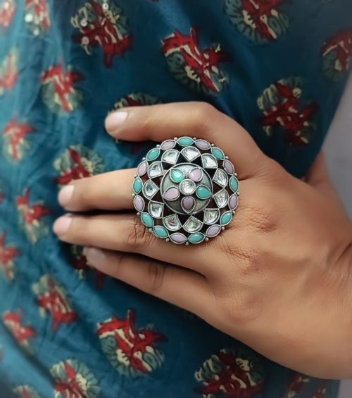 Antique Silver Replica Round Shape Stone Work Adjustable Rings For Girls - Image 6