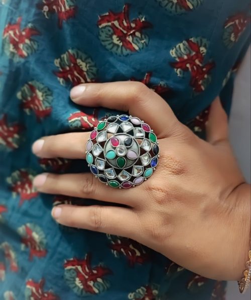 Antique Silver Replica Round Shape Stone Work Adjustable Rings For Girls - Image 8