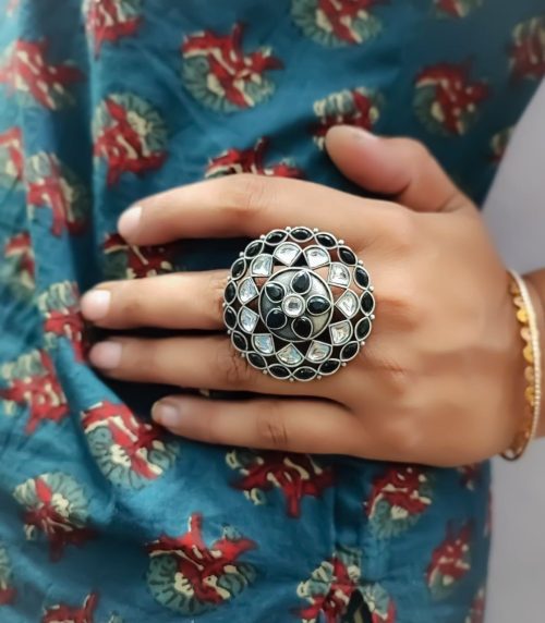 Antique Silver Replica Round Shape Stone Work Adjustable Rings For Girls - Image 10