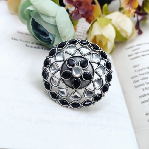 Antique Silver Replica Round Shape Stone Work Adjustable Rings For Girls - Image 11