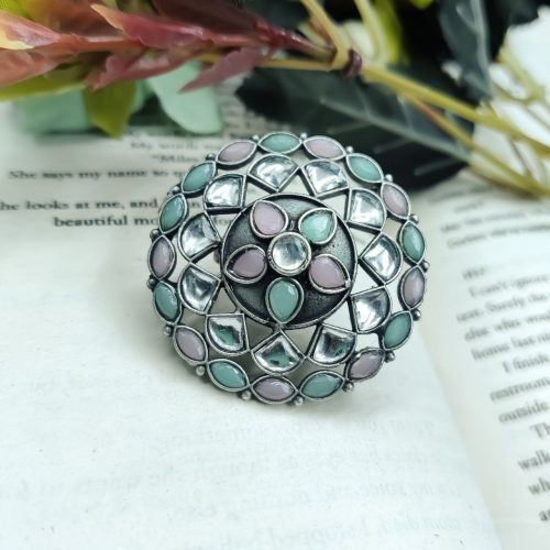 Antique Silver Replica Round Shape Stone Work Adjustable Rings For Girls - Image 7