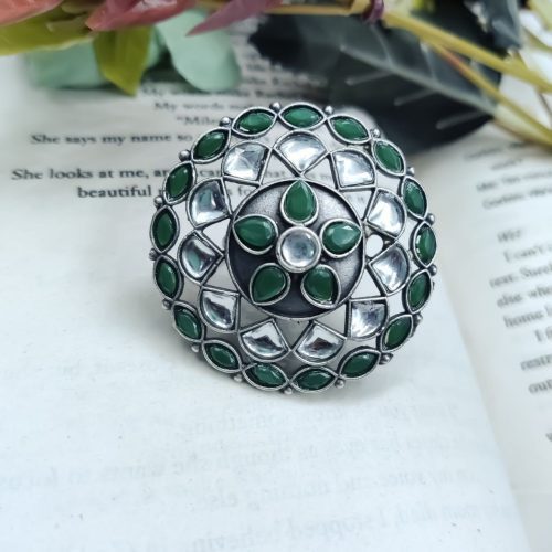 Antique Silver Replica Round Shape Stone Work Adjustable Rings For Girls - Image 5