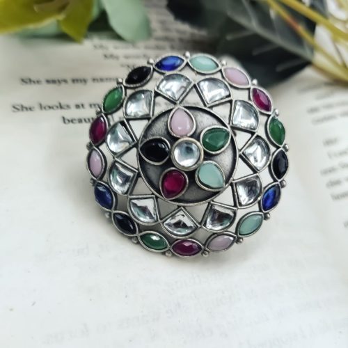 Antique Silver Replica Round Shape Stone Work Adjustable Rings For Girls - Image 9