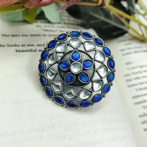 Antique Silver Replica Round Shape Stone Work Adjustable Rings For Girls - Image 15