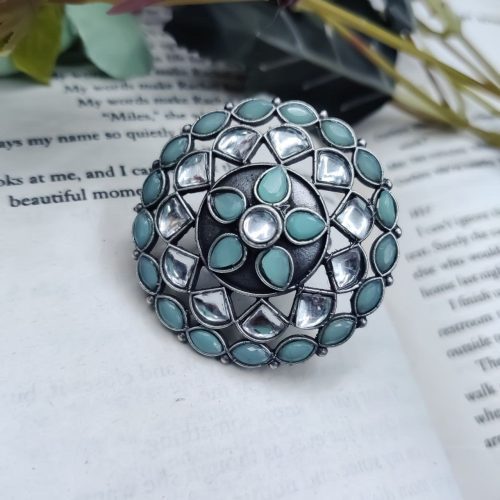 Antique Silver Replica Round Shape Stone Work Adjustable Rings For Girls - Image 13
