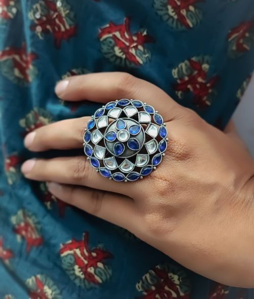 Antique Silver Replica Round Shape Stone Work Adjustable Rings For Girls - Image 14